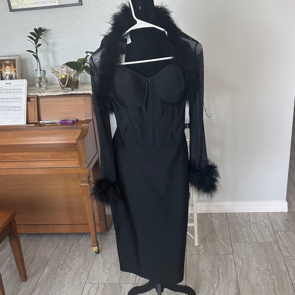 Fashion Nova Black Dress with Feather Details